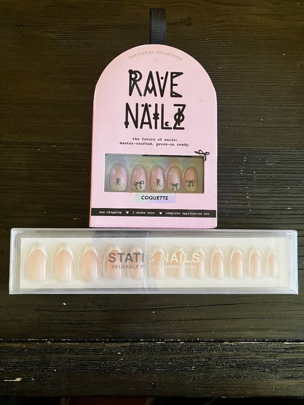 Static Nails French Design & Rave Nailz Pink White w/Black Design Reuse Tips